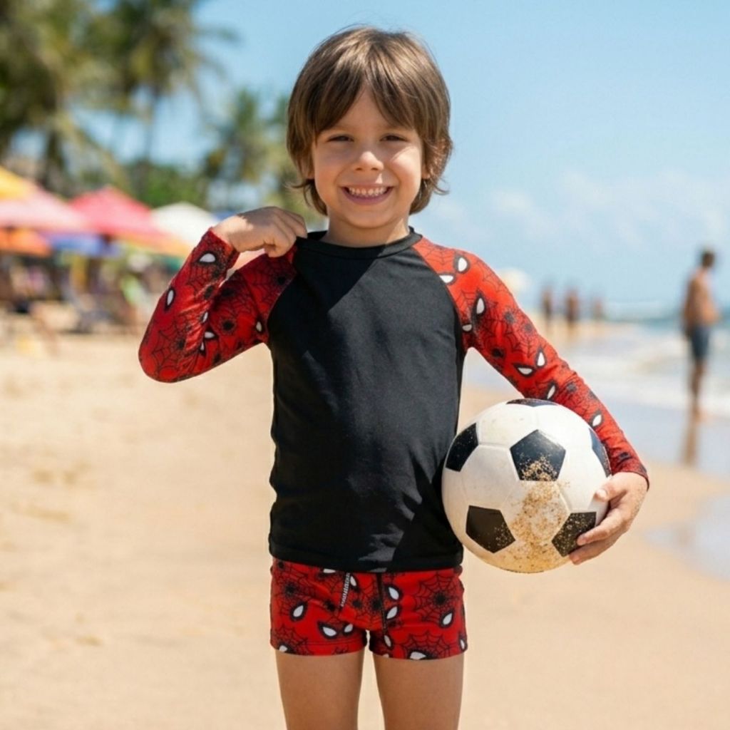 Conjunto Camiseta Manga Longa e Sunga Infantil Menino 4 a 12 Anos Praia Piscina Natação