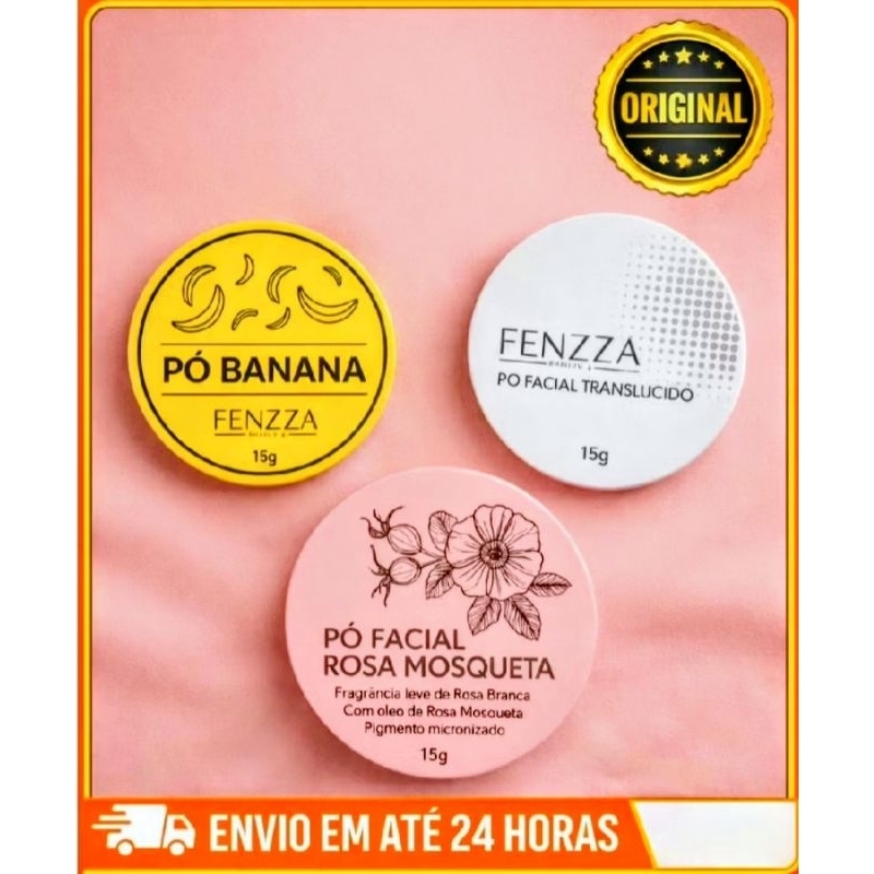 Pó Solto Ultrafino 15g Fenzza | Translúcido, Banana e Rosa Mosqueta| Reduz Brilho e Sela Maquiagem