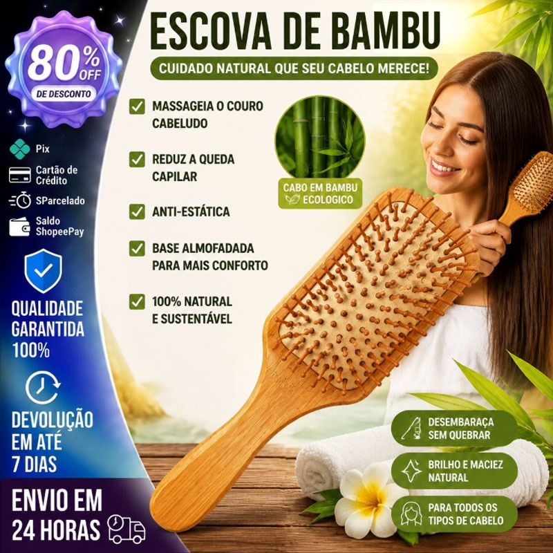 Escova de Cabelo de Bambu Natural | Antiestática | Almofada de Ar | Massagem no Couro Cabeludo | Sustentável
