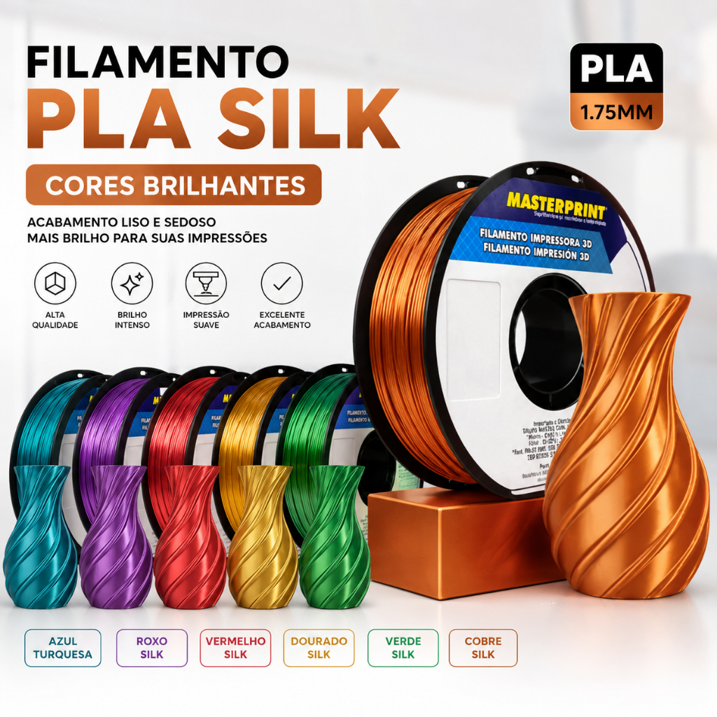 Filamento 3D PLA SILK 1kg 1,75mm impressão Masterprint Premium Brilho em suas cores 3D