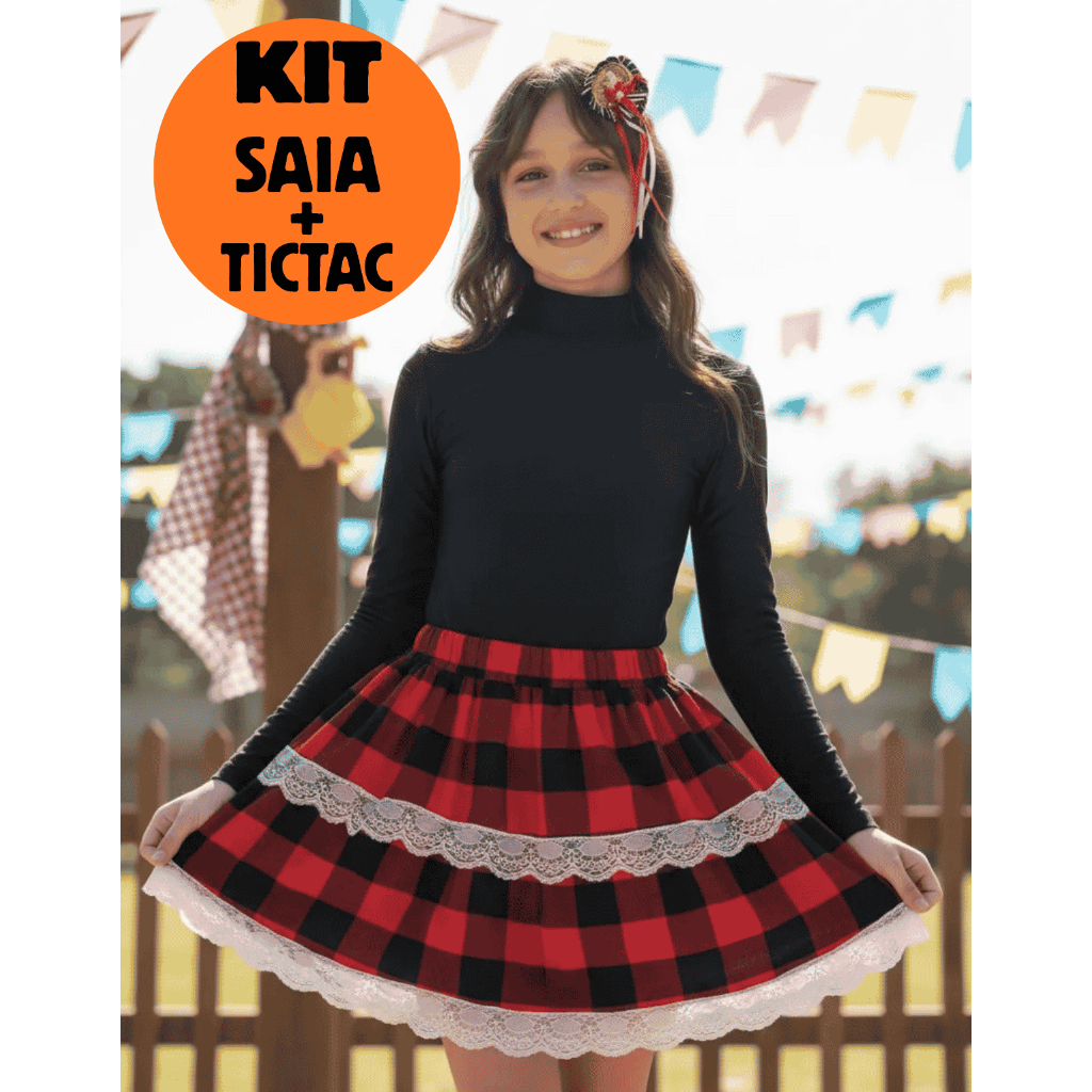 Kit Saia Xadrez Festa Junina Menina Juvenil + Tic Tac Chapeuzinho Arraia São João Quadrilha