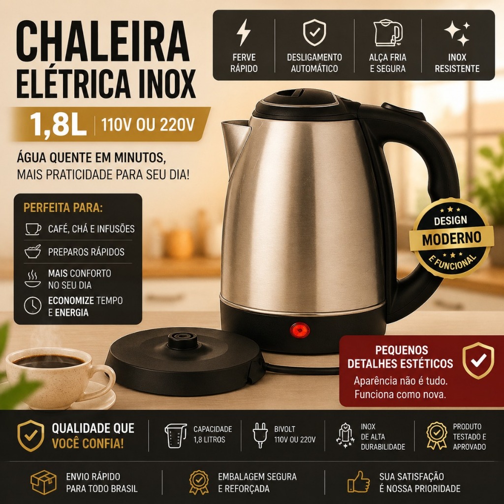 Chaleira Elétrica Inox 1,8L 110V ou 220V Outlet com Pequenos Detalhes Estéticos