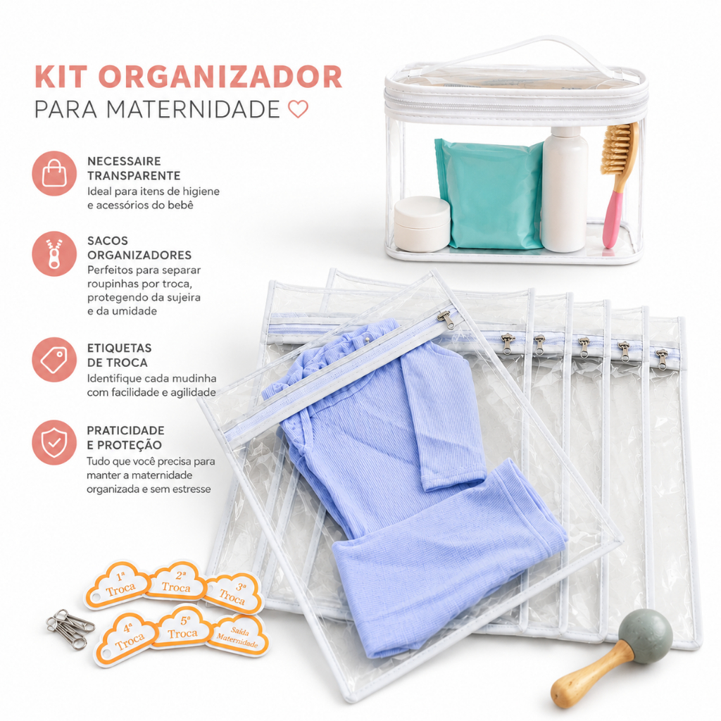 Kit 6 Saquinhos Organizador Mala Maternidade Bebe Gestante TAG + 1 Necessaire Porta Fraldas Remédio.