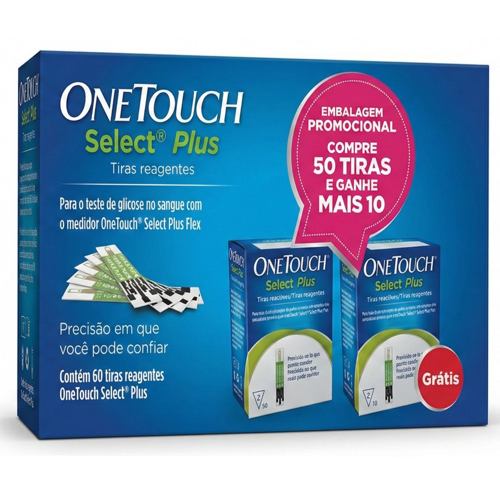 60 Tiras One Touch Select Plus para medir glicemia compatível com aparelho One Touch Select Plus Flex