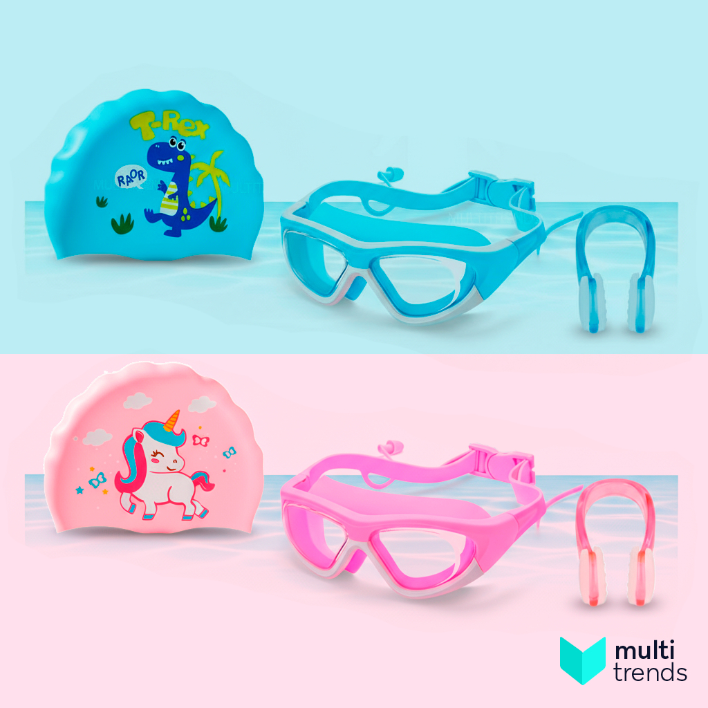 Kit Completo Natação Infantil: Óculos Anti-Embaçante + Clipe Nariz + Touca Silicone (Azul Dinossauro / Rosa Unicórnio)