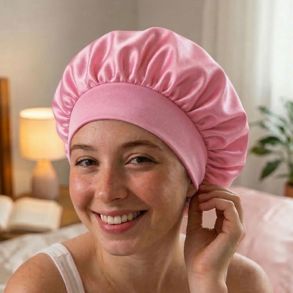 Touca Dupla Face Cetim Anti Frizz Hidratação Confortável Faixa Grossa Cor Rosa Claro Envio Imediato