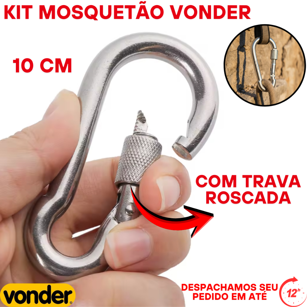 Oferta de 1 até 6 Mosquetão de 10cm-Trava ROSCADA p/ fixação de objeto/Equipamento-suporta até 350kg