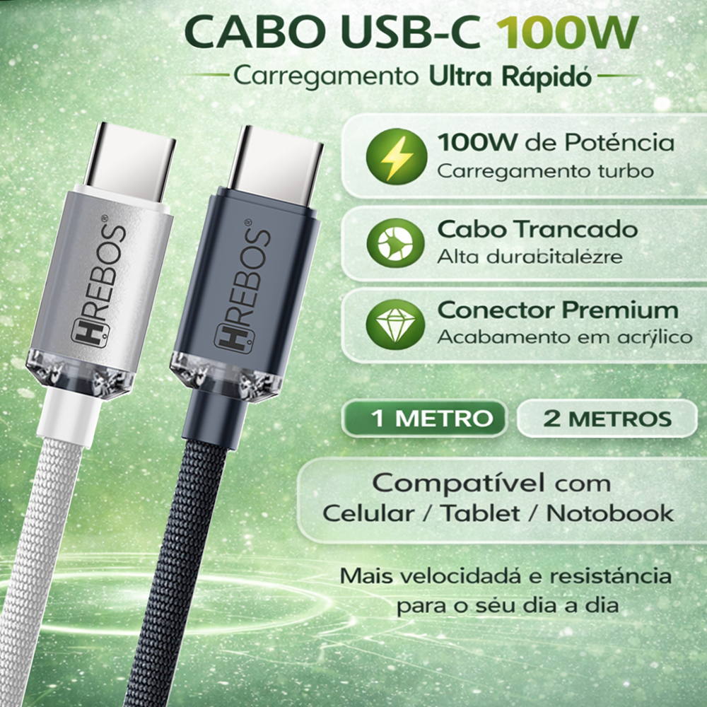 Cabo USB-C Tipo C 100W HREBOS Premium Trançado Nylon Luxury Acrylic –  Turbo 1m/2m (Grafite/Branco)