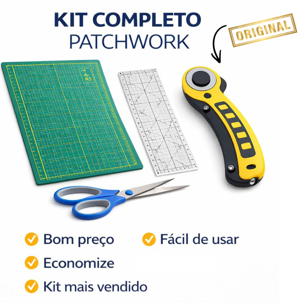 Kit Patchwork Iniciante Lamax Base Corte A3 45x30 + Cortador Circular + Régua + Tesoura Profissional Costura Scrapbook