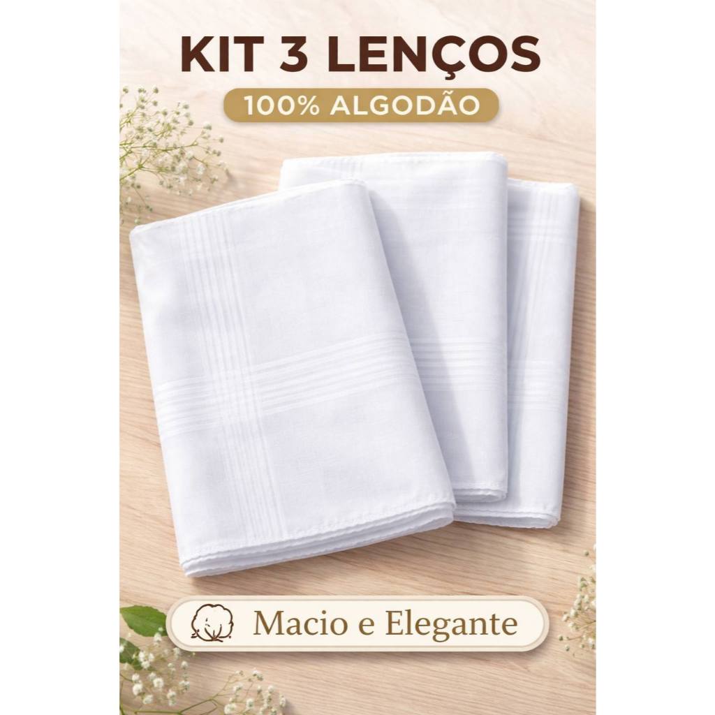 Kit Lenço de Algodão Branco 40cm - 3 Peças | Bolso de Terno| Seca Suor Rosto Mãos |Acessório Masculino Elegante Multiuso