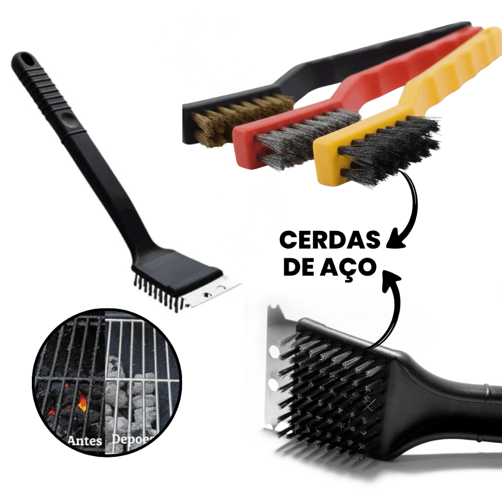 Escova Para Grelha Churrasqueira Cerdas de Aço Inox Com Raspador Limpa Grelhas e Chapas 2 em 1