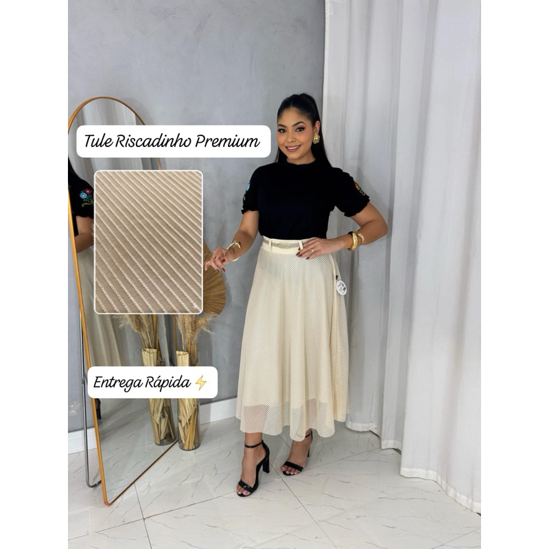 Saia longa Longuete moda evangélica De Tule Trabalhado Forrado Com Cinto Feminina
