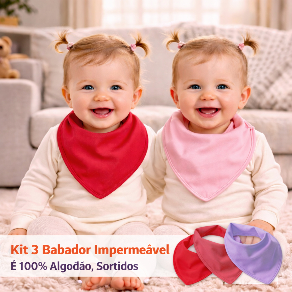 Kit 3 babador bandana impermeável de malha 100% algodão tripla camada cores sortidas