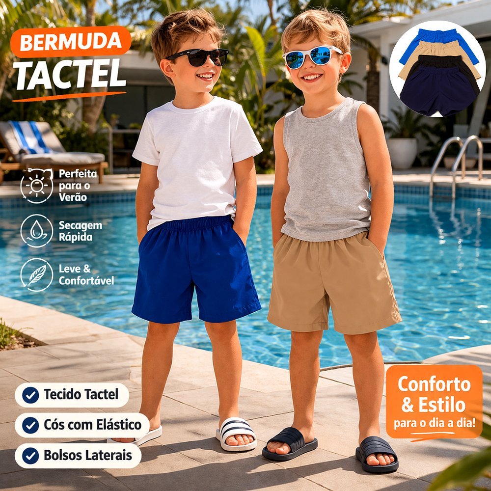 Bermuda  Tactel  Premium com Elastano Infantil e Juvenil Verão Praia Piscina Secagem Rápida