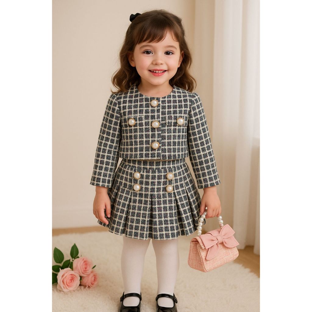 Conjunto Infantil Outono Inverno Casaquinho  + Short Saia Super Elegante  tweed