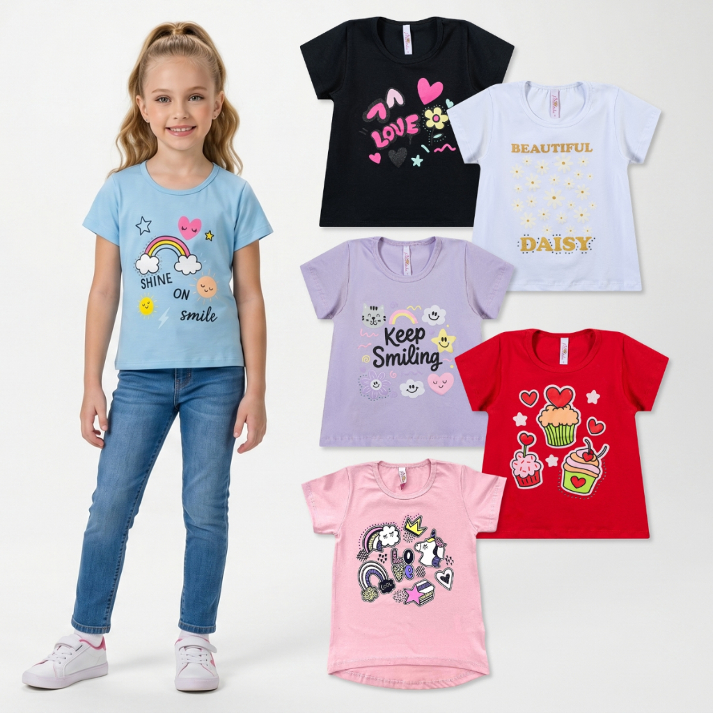 Kit 5 Blusa Manga Curta Feminina Roupa Infantil Menina Escolar Com Silk Pedraria Cores Sortidas