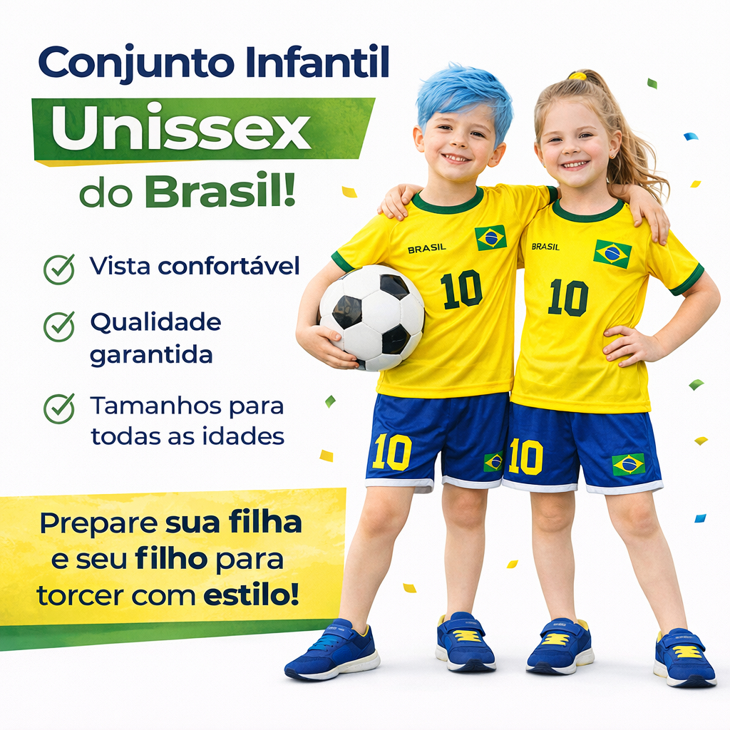 Conjunto Infantil  Unissex Brasil Amarelo e Azul Camiseta + Shorts