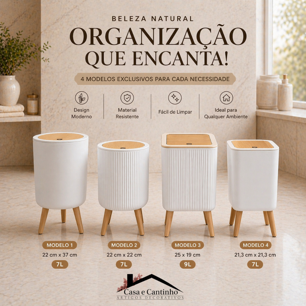 Lixeira De Plástico 9 ou 8 Litros Branca Com Pés e Tampa Click De Pressão Cozinha Banheiro