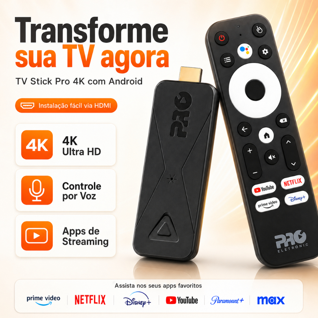 Tv Stick Pro 4K Hd Android Tv, Controle Por Voz, 2GB RAM, 16GB Armazenamento, Homologado Anatel