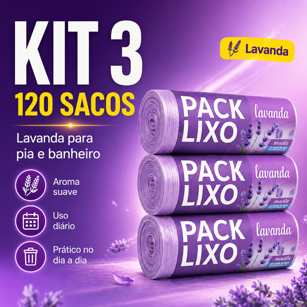 Saco de Lixo Lavanda Perfumado – Elimina Odores | Resistente para Pia e Banheiro 120 sacos