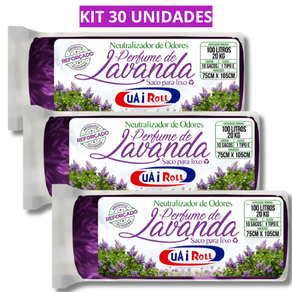 Saco De Lixo Kit 3 Rolos 100 Litros Neutralizador De Odores Aroma De Lavanda com 30 Unidades Total