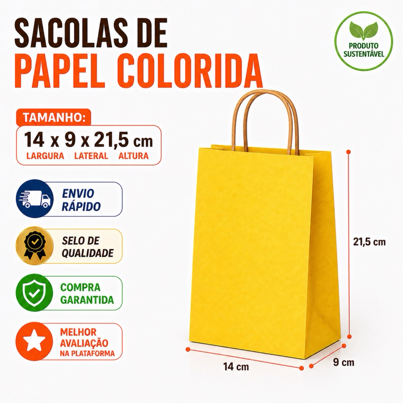 Sacola de papel colorida P (14x8x21,5) ALÇA KRAFT