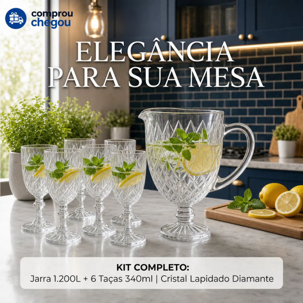 Kit De Jarra 1200ml Diamond + 06 Taças 340ml Diamond Suco Agua Transparente Luxo Possui Variações