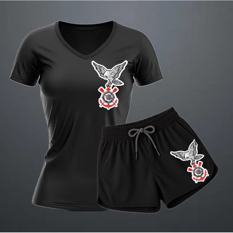 Kit Feminino Camisa e Shorts Gavião Corinthians Timão Fiel SCCP Conjunto Preto