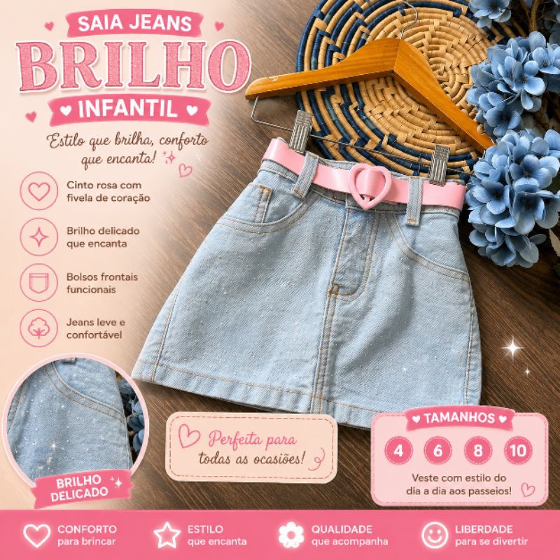 Saia Jeans Infantil com Brilho Strass e Cinto Rosa Moda Menina Blogueirinha 2 ao 10