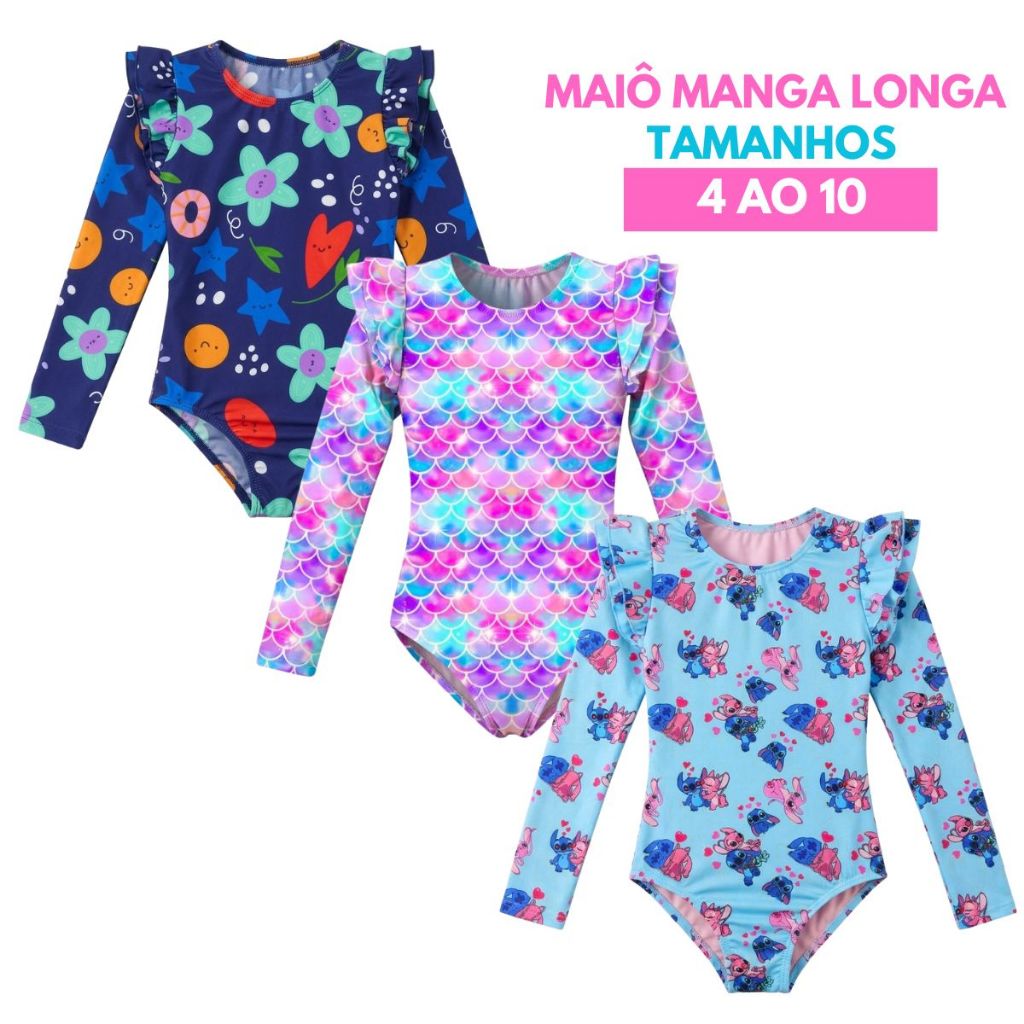 Maiô Manga Longa Comprida Menina Infantil Estampado Blogueirinha Verão Tam 4 ao 10 Moda Praia Piscina