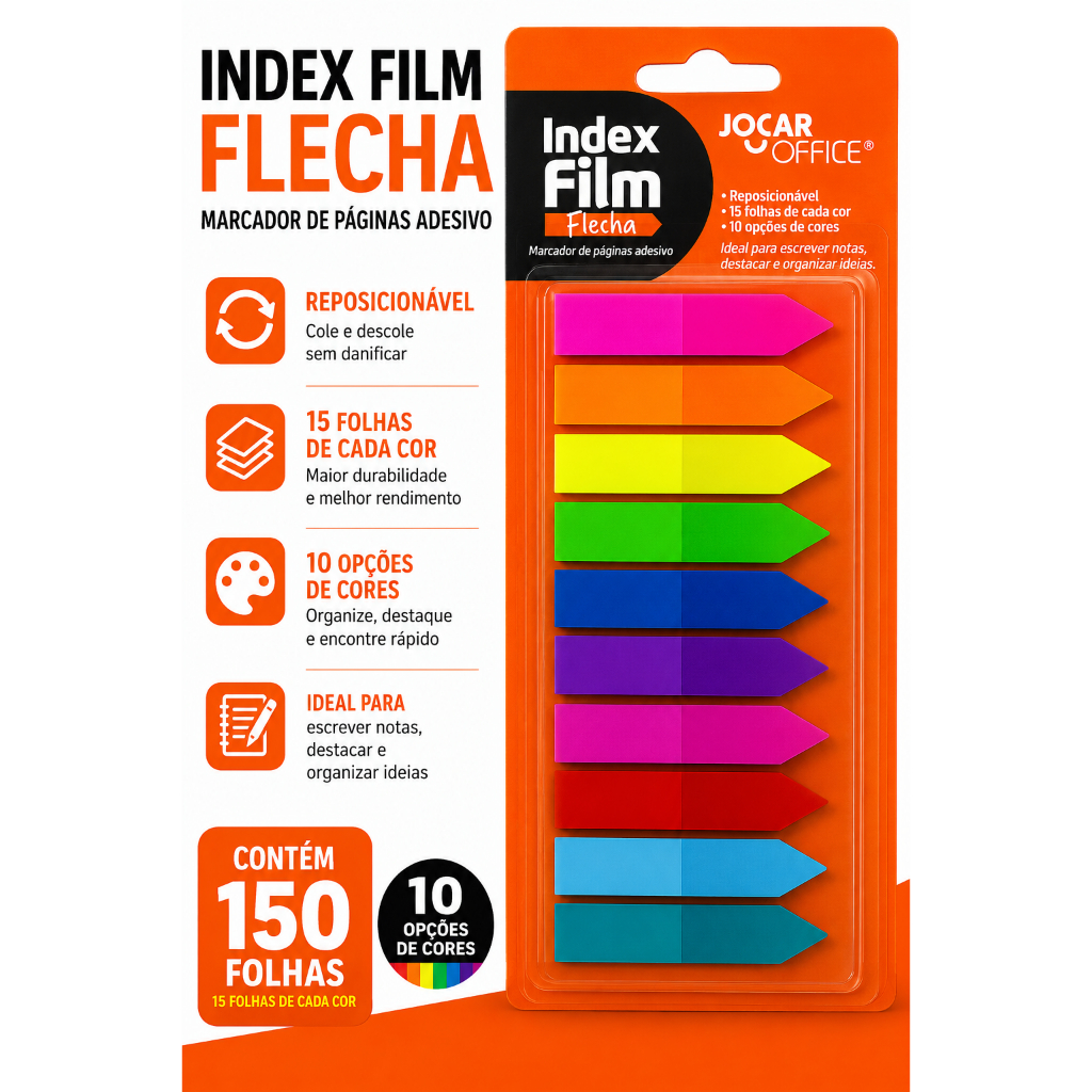 Marcador de Páginas Adesivo Flag Index Film Flechas – 150 Unidades em 10 Cores