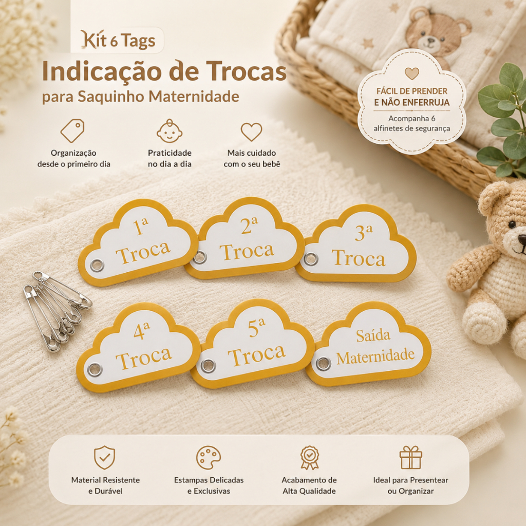 Kit 6 tags indicação de trocas para saquinho maternidade (Somente TAG)