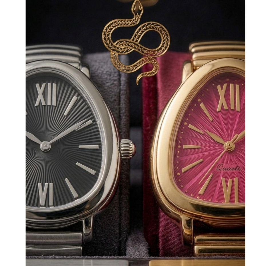 Relógio Feminino Serpente Prata e Dourado Mostrador Texturizado Luxo Tendência