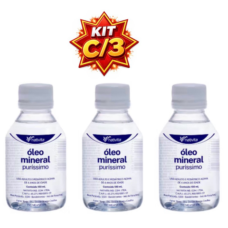 Óleo Mineral Puríssimo Regulador Intestinal 100mL - Kit c/2 ou c/3