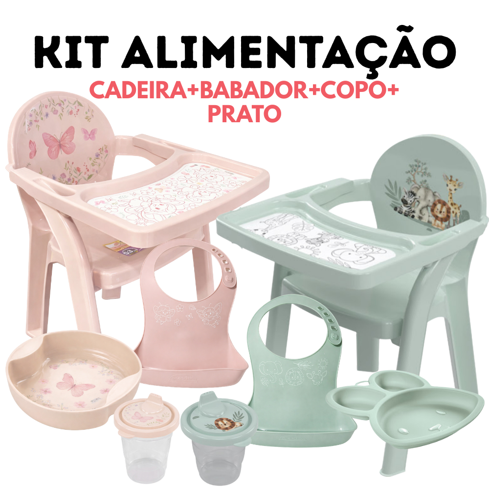 Kit Alimentação Bebê Cadeira Infantil + Babador + Copo + Prato Completo para Refeição