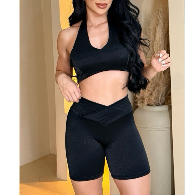 Conjunto feminino fitness Wonder Poliamida Brilhoso Cropped frente única costa aberta Short curto cósV roupa de academia