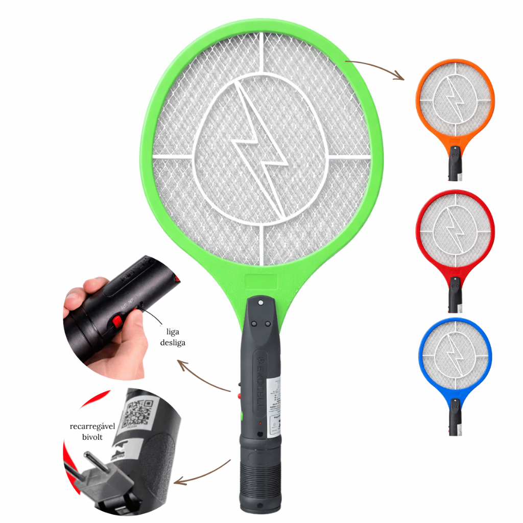 Raquete Elétrica Mata Mosquitos Bivolt 110 e 220 Recarregável Alta Potência Colorida