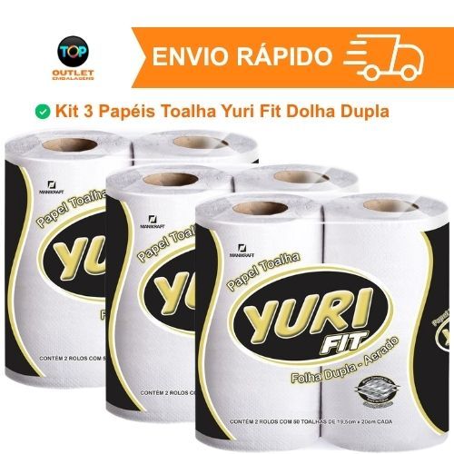Kit 3 Papel Toalha Yuri Fit Para Cozinha Folha Dupla c/ 2 Rolos