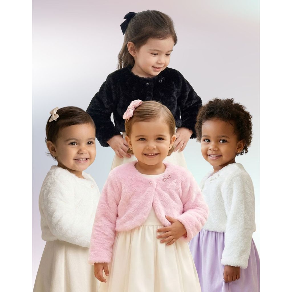 Bolero Infantil Bebê Menina Pelinho Pele Sintética sem Gola Bordado Forrado Quentinho (P/G) e (1/3)