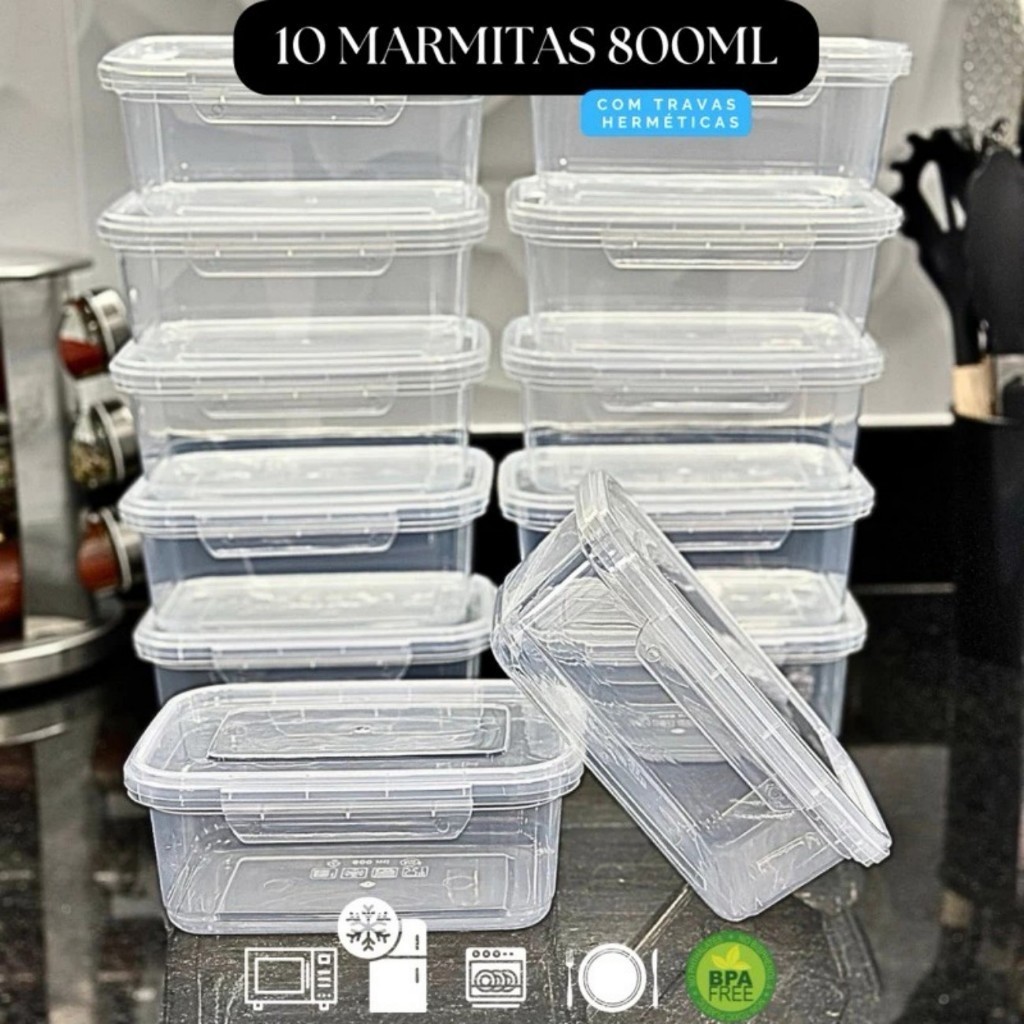Kit 10 Marmita conjunto Potes 750ml com Travas Laterais BPA FREE - Alimentos organizadores de congelador
