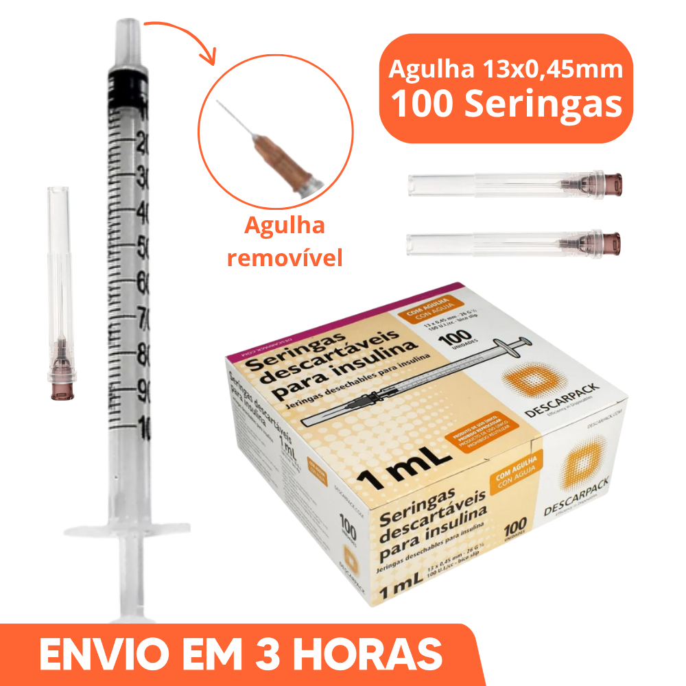 100un Seringa Descartável de Insulina 1ml Com Agulha 13x0,45mm Marca Descarpack