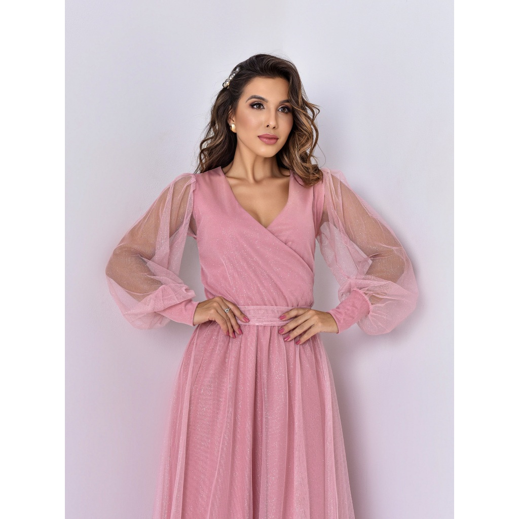 Vestido de festa em tule com brilho e punho Casamento Madrinhas Noiva