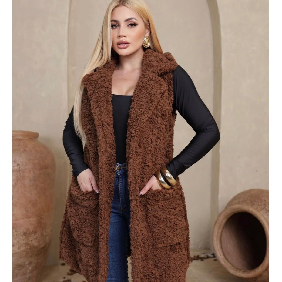 Colete Teddy Feminino Longo Soltinho Pelúcia Aconchegante Casual Chic Moda Outono Inverno