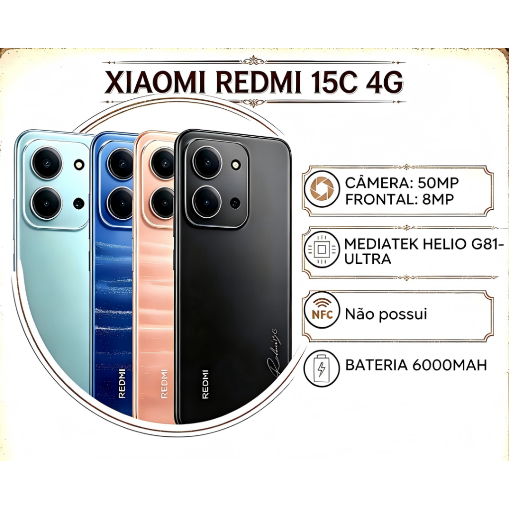 Original Xiaomi Redmi 15C 4G 8GB+256GB Helio G81-Ultra Tela 120Hz Câmera 50MP Bateria 6000mAh IP64 Smartphone