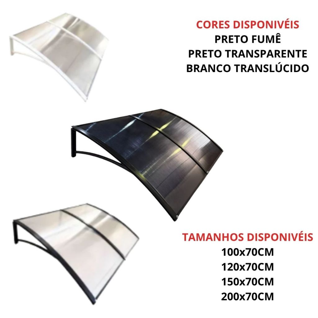 Toldo Policarbonato 100 a 200x70cm Alta Resistência, Proteção UV e Suportes em ABS Reforçado