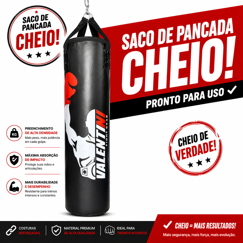 Saco de Pancada VALENTINI 120 cm  CHEIO - Treino Boxe Muay Thai