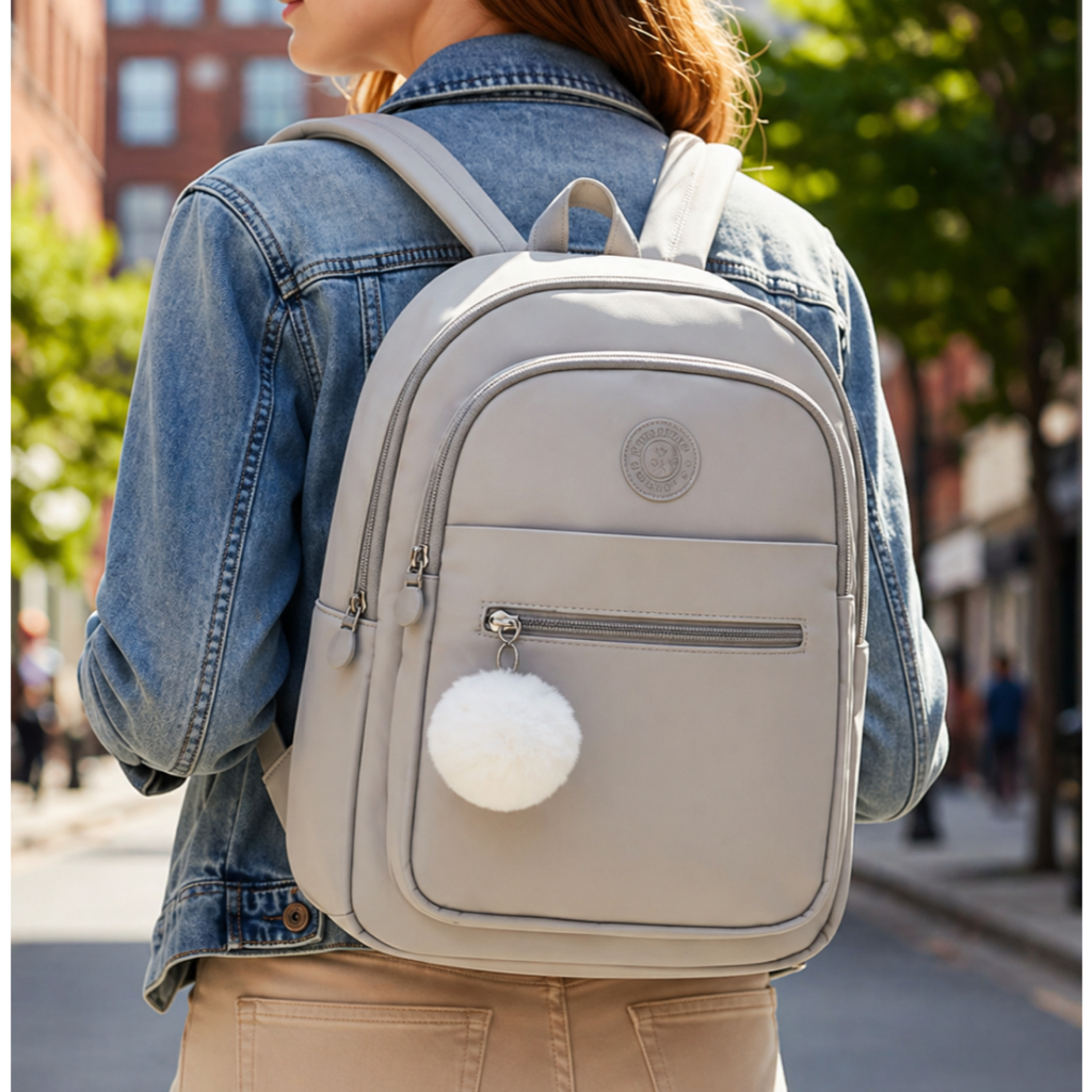 Mochila Bolsa Feminina Tactel Nylon Escola Faculdade Premium Trabalho Com Pompom De Brinde
