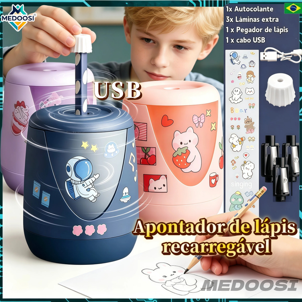 MEDOOSI Apontador De Lápis Elétrico USB Recarregável Automático/Material De Papelaria escolar de Cor Crianças Artistas