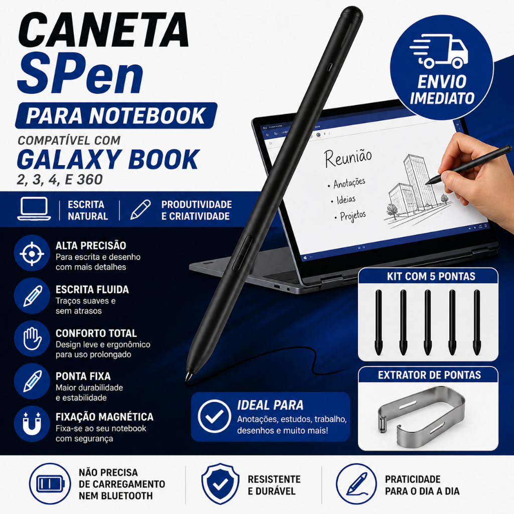 Caneta S-pen Para Galaxy Book2 Book3 Book4 360 + Kit com 5 Pontas e um Extrator