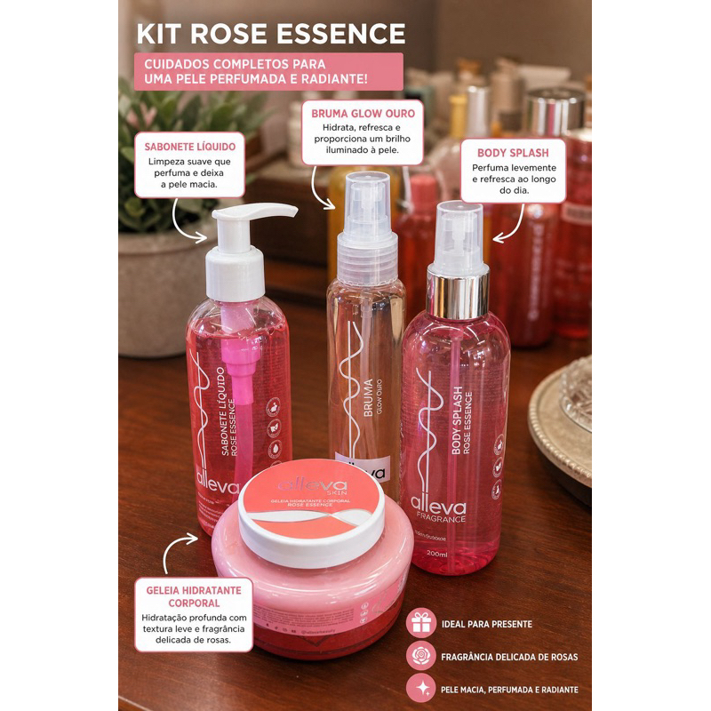 Kit Presente Alleva 4 Produtos Body Splash + Bruna Glow + Sabonete + Geleia Hidratante